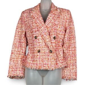 Ann Taylor Fringe Tweed Cropped Double Breasted Blazer Womens 14T Orange Pink